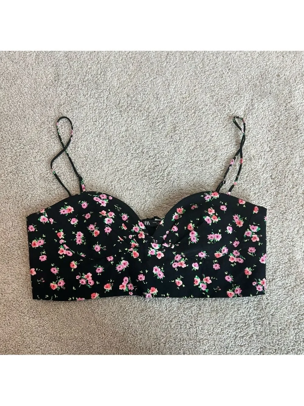 Zara black pink floral flower sweetheart spaghetti strap bustier crop top Sz XL - Picture 3 of 8